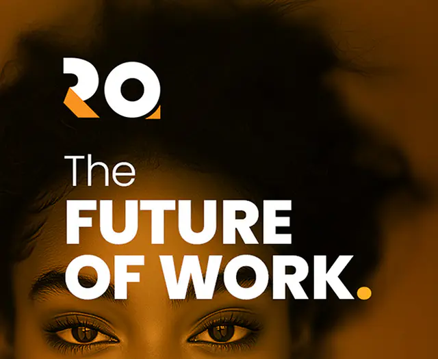 Key art from the Future of Work event poster: the Rosanne monogram and the words The Future of Work over an ember-toned portrait.