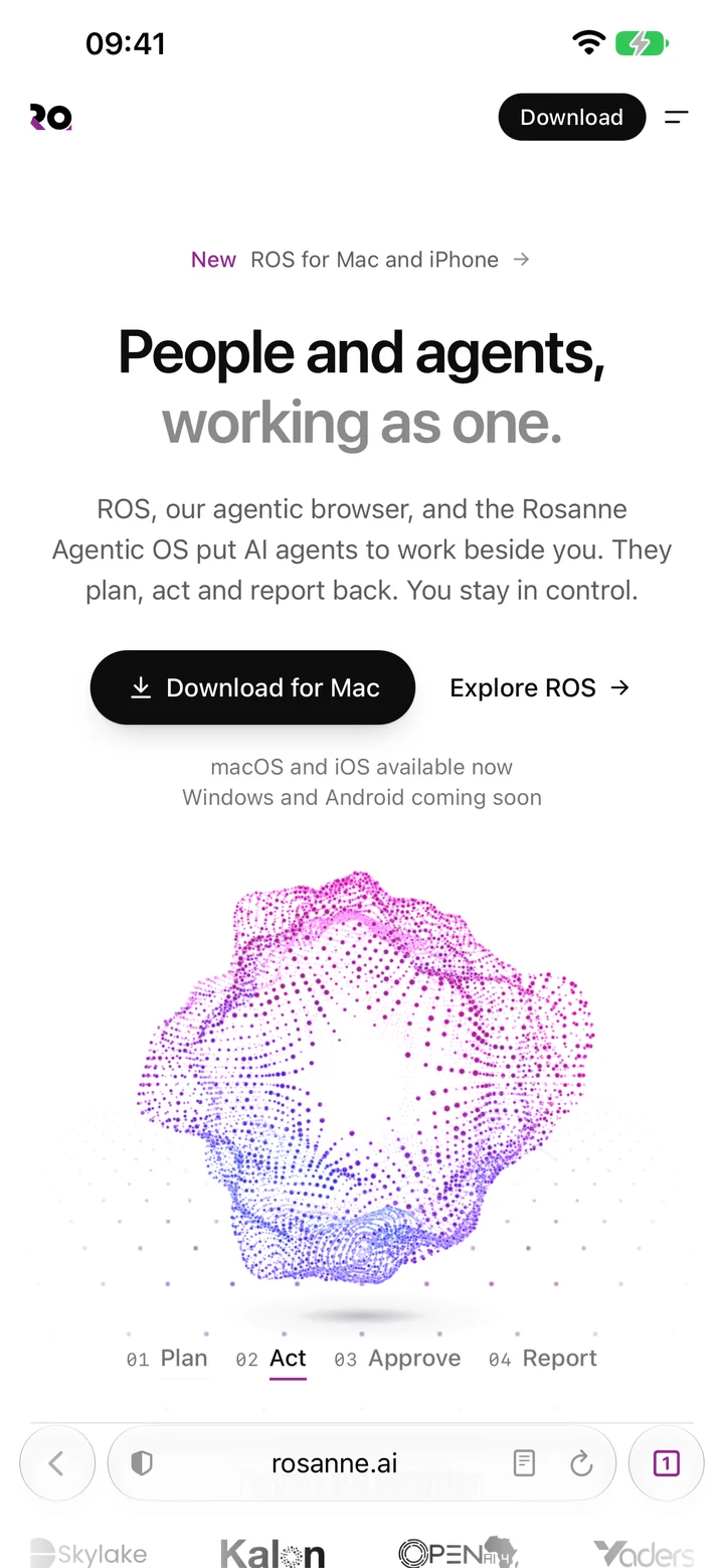 ROS on iPhone showing rosanne.ai edge to edge under the floating Liquid Glass address bar.
