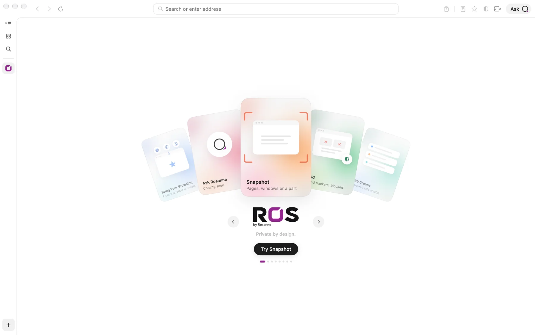The ROS new tab page on a Mac: a fanned hand of feature cards above the ROS by Rosanne lockup.